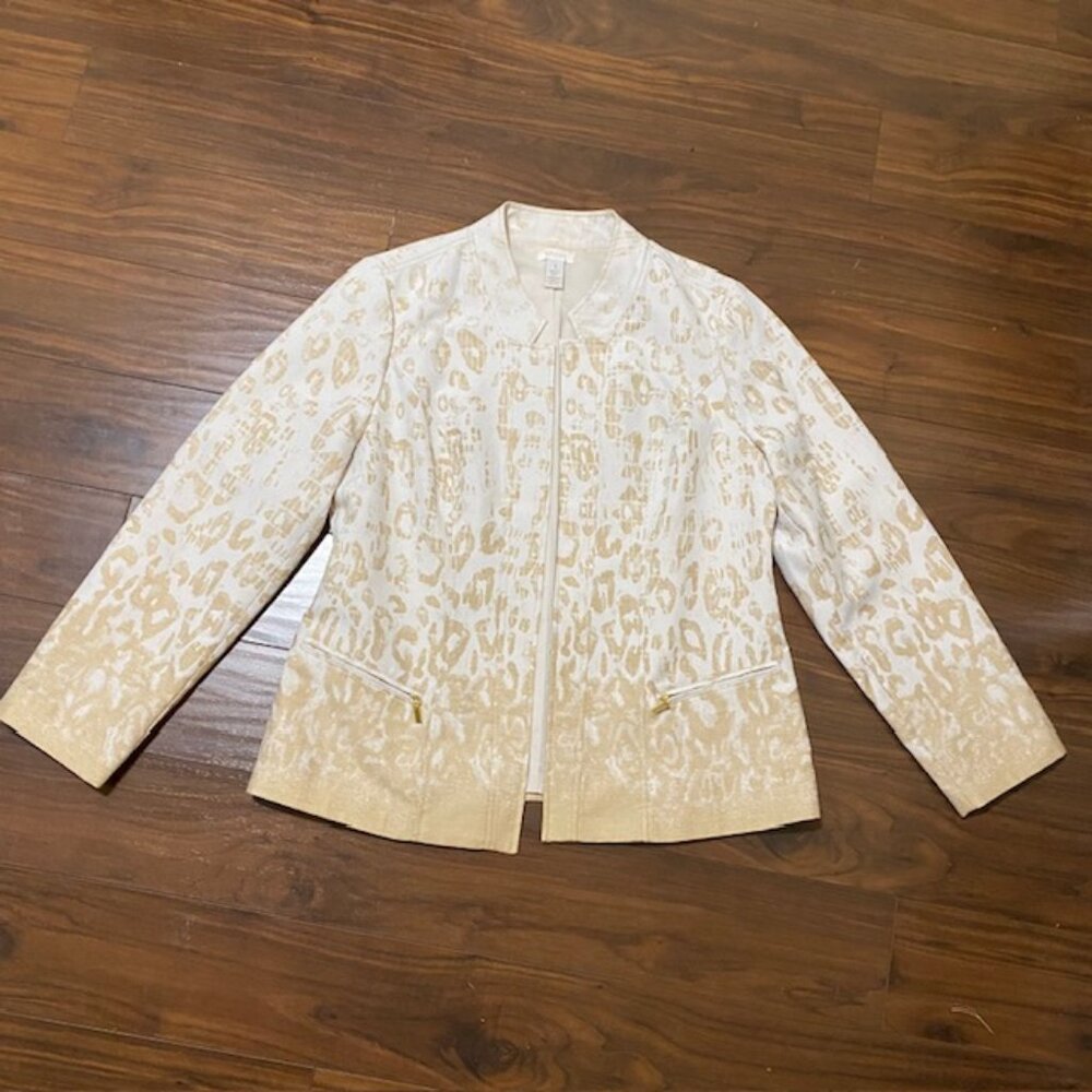 Chicos Ombre Jacquard Animal Print Jacket Open Front Gold Trim Size 1 Women 8-10